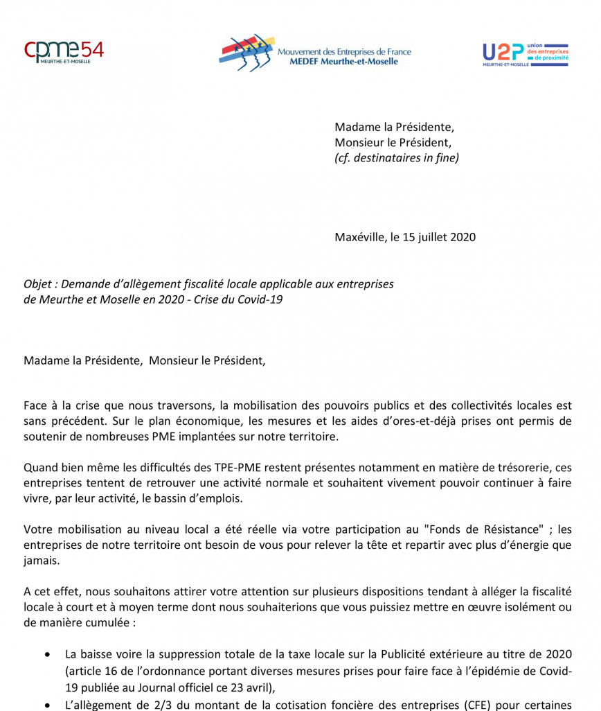 Dans une lettre ouverte envoyée aux élus locaux, le Medef, la CPME et l’U2P de Meurthe-et-Moselle demandent un allégement de la fiscalité locale. 